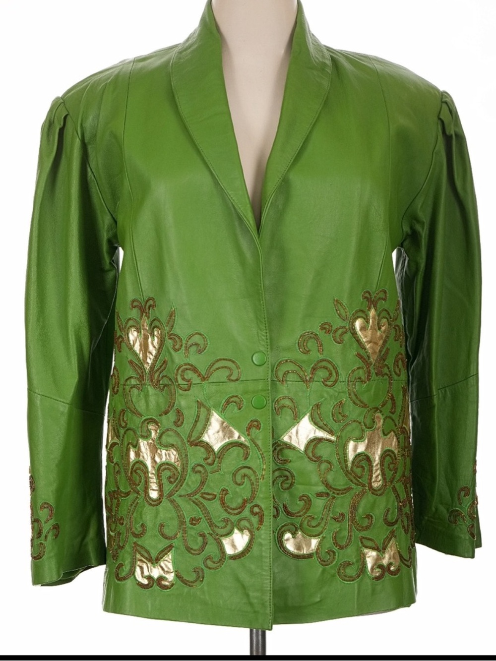 Leather 9000 Jacket Green Leather w gold appliqué Mardi Gra Italy Retro Y2K L XL